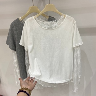 洋气光板纯色蕾丝拼接圆领t恤打底衫女2026春设计感韩版显瘦上衣