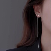 S925纯银方块耳线女流苏气质长款 耳环简约极细圆脸显瘦高级感耳饰