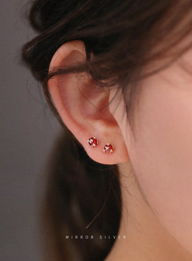 925纯银红宝石耳钉女复古轻奢耳环2021年新款高级感耳饰