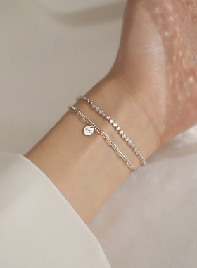 s925纯银双层lucky圆牌手链简约设计幸运手环冷淡风饰品