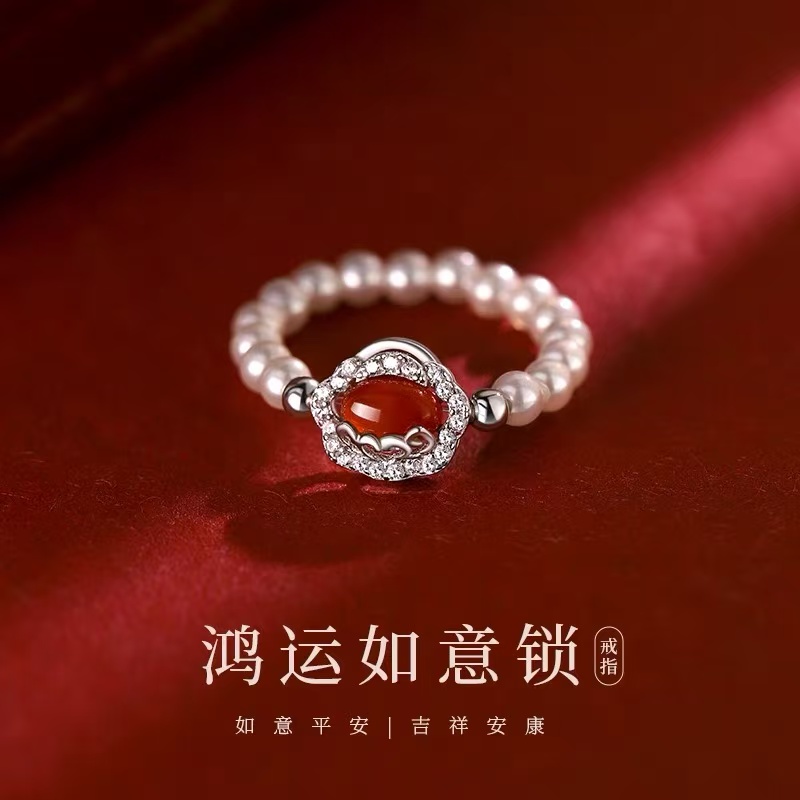 925纯银红玛瑙福锁戒指过新年闭口戒素圈女食指戒本命年