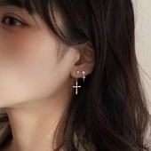 925银十字架闪钻纯银耳钉女耳环耳饰耳坠耳骨钉冷淡风高级感