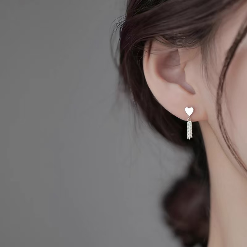 纯银925纯银爱心流苏耳钉