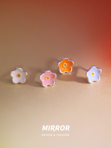 纯银925花朵彩绘耳钉银时尚女