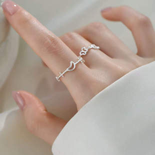 925纯银蝴蝶月亮戒指轻奢女食指戒小众高级感素圈开口戒