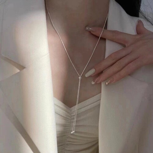 s925银蛇骨抽拉项链女锁骨链毛衣链长款简约通勤百搭小众ins风
