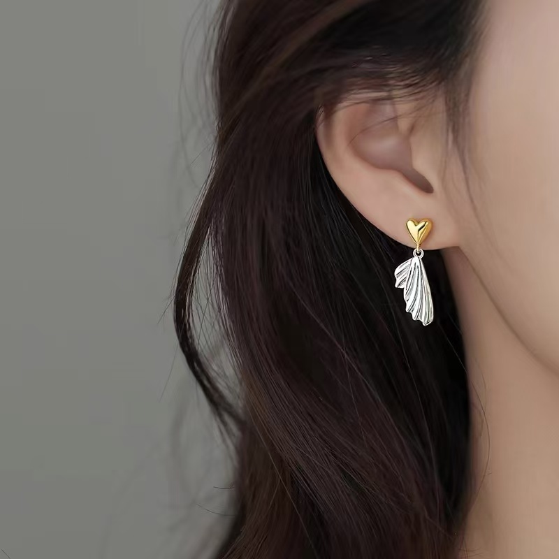 925银羽毛耳钉轻奢新款2024爆款爱心耳环女小众高级耳饰