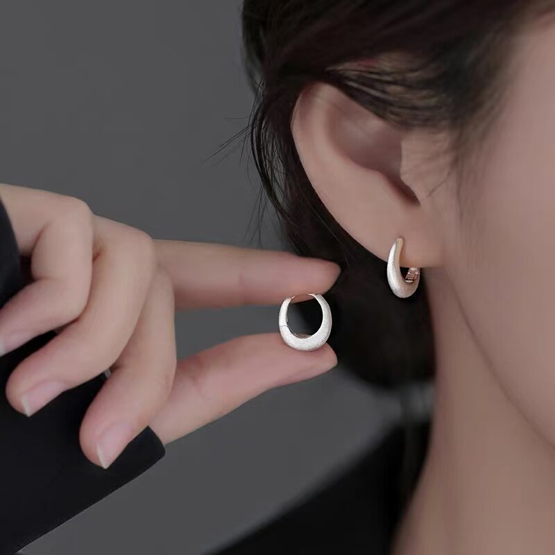 925纯银拉丝素圈耳环小众女耳钉2025新款爆款高级感耳饰