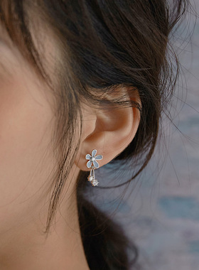 新款森系花朵雏菊灰蓝甜美流苏纯银耳钉女耳环2020款耳饰ins