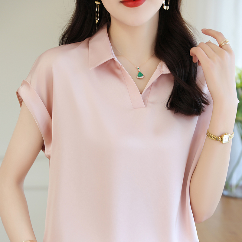 醋酸缎面女夏翻领t恤上衣V领短袖衬衣打底设计感法式内搭职业半袖