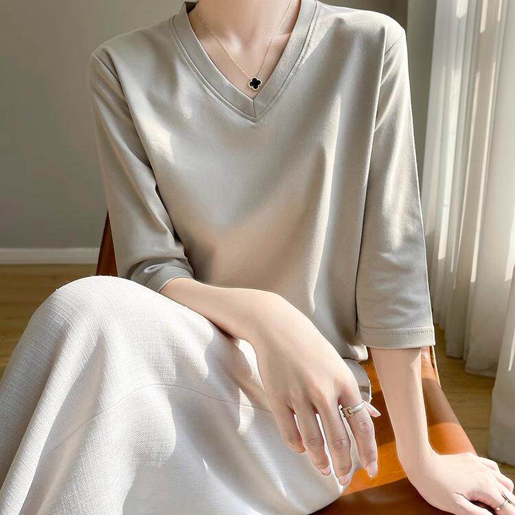 丝光棉七分袖t恤女宽松正肩内搭纯棉短袖春夏新款V领中袖打底上衣