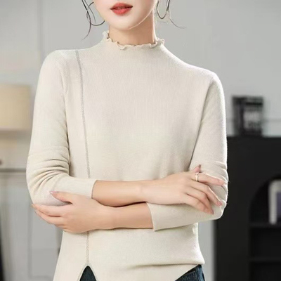 2025春秋冬新款时尚百搭女半高领木耳边针织打底衫毛衣上衣
