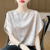 2025夏季 女 百搭气质显瘦桑蚕丝上衣夏新款 新款 圆领印花真丝蝙蝠袖