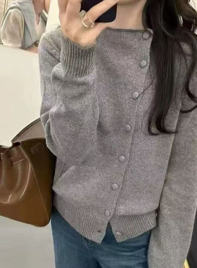 灰色卸扣针织开衫女秋冬新款宽松百搭显瘦毛衣打底衫软糯气质上衣