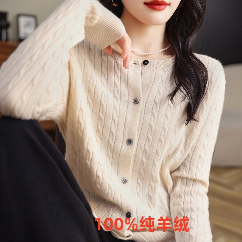 清仓捡漏~柜撤外贸剪标女装高端山羊绒白色圆领麻花开衫外套春秋图片