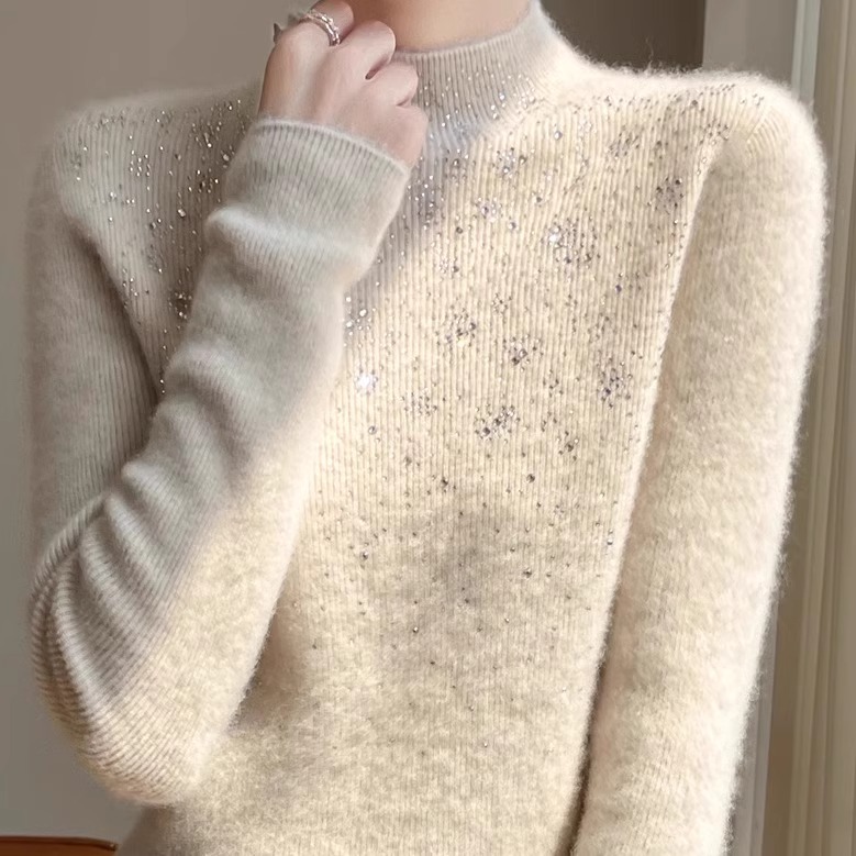 重工时尚烫钻半高领毛衣女宽松内搭打底衫秋冬新款中领针织羊毛衫
