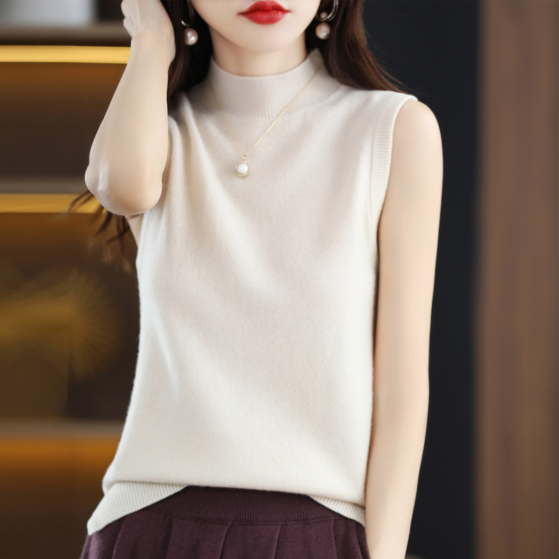 半高领无袖打底背心女2025新款简约优雅休闲针织T恤宽松时尚内搭