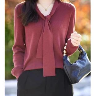 毛衣纯色羊毛打底衫 法式 女V领短款 飘带羊绒针织衫 气质宽松薄款