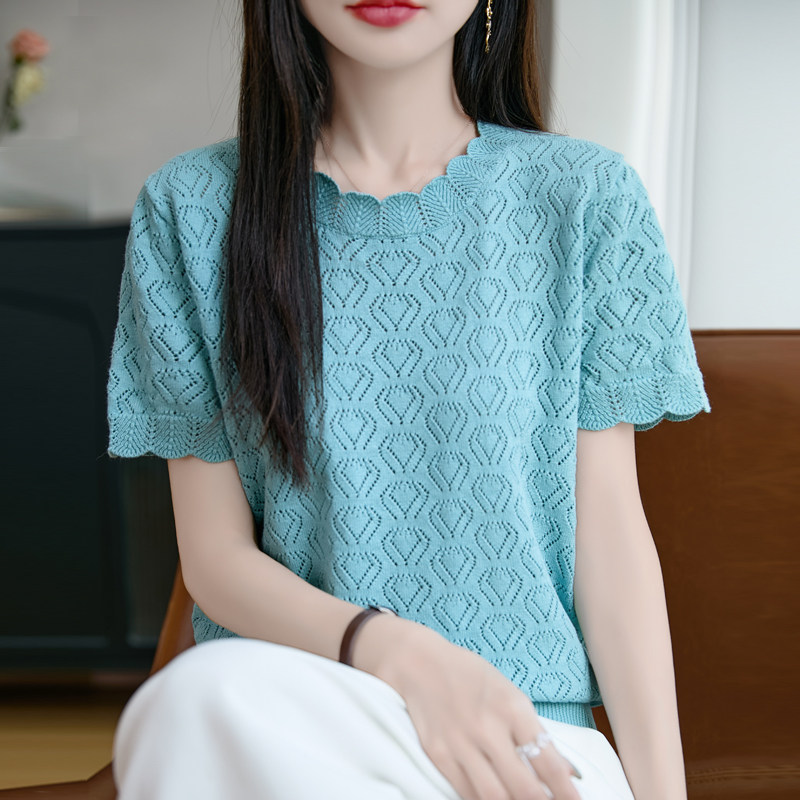 小香风短袖T恤女100%纯棉线2025夏季新款圆领宽松半袖花边上衣薄图片