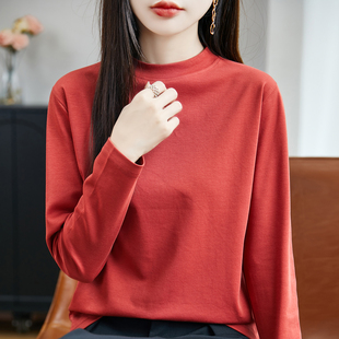 2025新款春夏秋纯棉长袖T恤女半高领套头宽松休闲百搭打底衫上衣