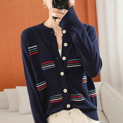 100%纯棉线女针织开衫短款春秋新款长袖宽松百搭拼色文艺毛衣外套