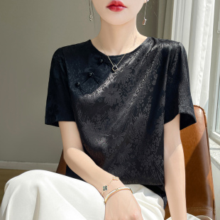 正肩醋酸小衫 t恤上衣真丝半袖 国风气质暗花缎面短袖 高级感新中式