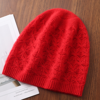 100%纯羊绒帽子女秋冬韩版镂空