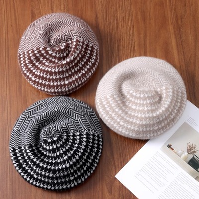 冬季2024新款贝雷帽子洋气百搭提花针织帽子女羊毛提花百搭画家帽