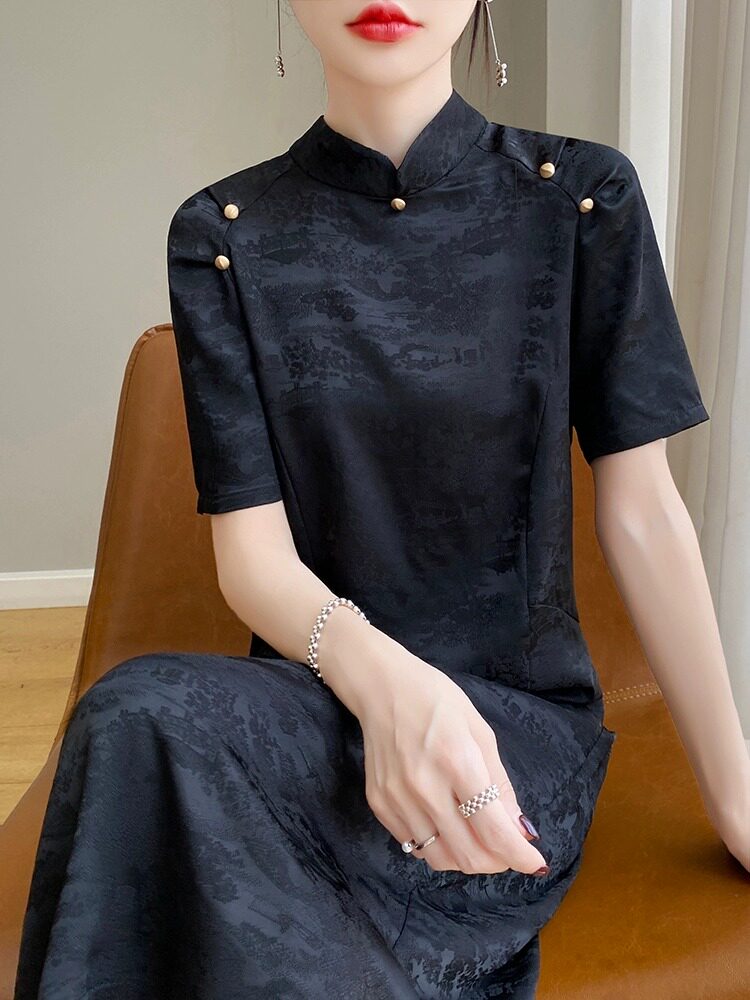 복고풍 신상 중국 스타일 반팔 치파오 스커트 2024 신풍 우아한 기질 다재다능한 슬리밍 트렌드 개선 롱 스커트