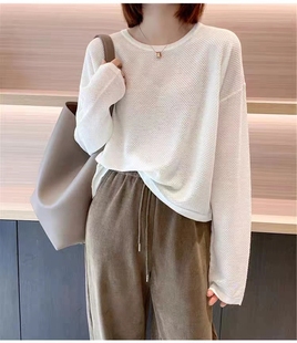 韩版宽松慵懒风短款羊绒针织衫女春秋薄款圆领毛衣蜂窝针羊毛上衣