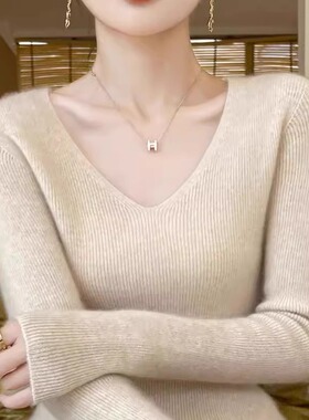 高端品质升级款真羊绒衫！V领女修身毛衣软糯亲肤