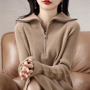 宽松毛衣裙直筒显瘦加厚羊毛慵懒休闲韩版 拉链Polo领中长款 连衣裙