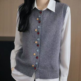 春秋圆领彩扣针织开衫韩女马甲外搭叠穿坎肩上衣无袖宽松显瘦马甲
