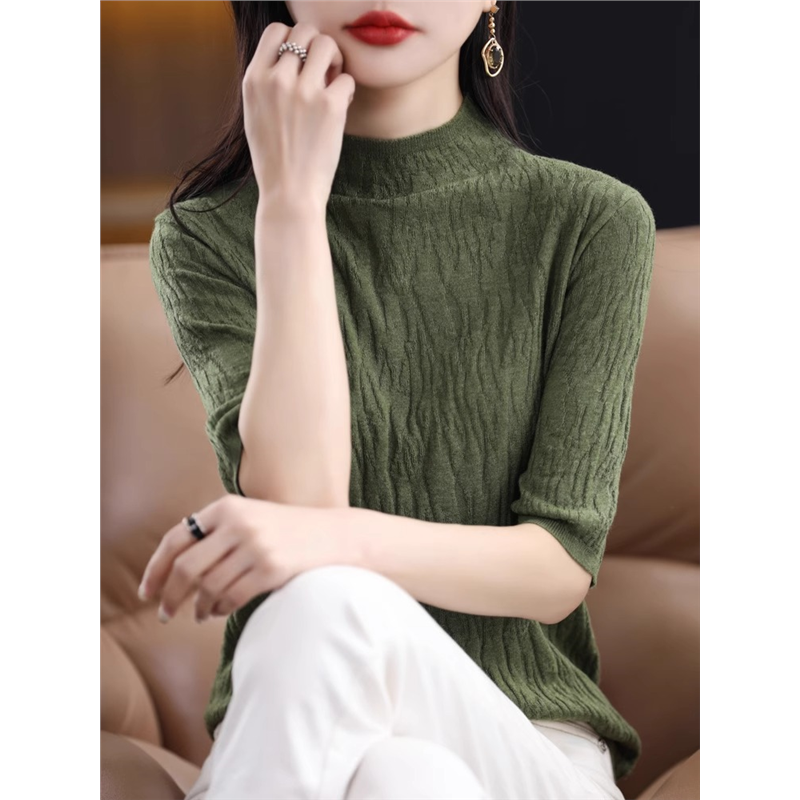 五分袖针织衫女2023春秋新款半高领中袖打底衫气质洋气羊毛衫上衣