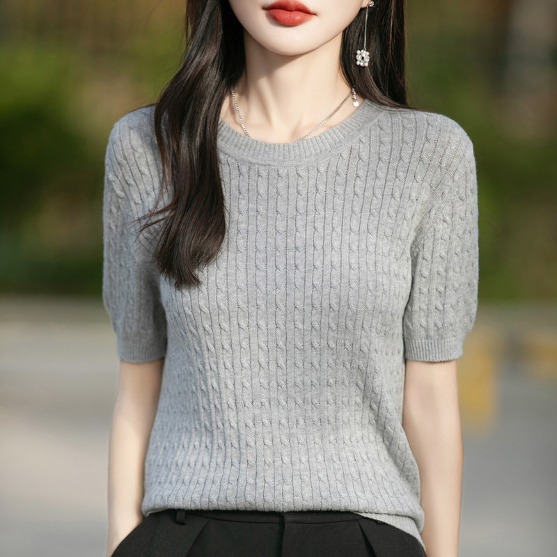夏季新款100%纯棉针织短袖圆领T恤宽松显瘦麻花打底洋气上衣女