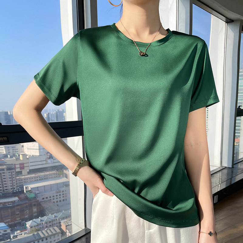 特价！重磅真丝短袖t恤女纯色圆领桑蚕丝高端打底衫夏季百搭好物 - 实物图