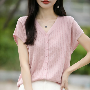 防晒衫 夏季 女宽松显瘦连肩小飞袖 V领镂空天丝短袖 T恤针织气质开衫