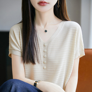 气质显瘦V领小飞袖 薄款 针织T恤女清凉夏季 减龄超好看舒适宽松短袖