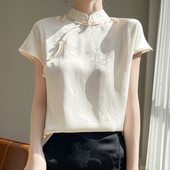25年新中式 国风盘扣短袖 T恤女立领醋酸真丝缎面复古提花气质上衣