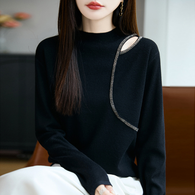 轻奢时髦镶钻半高领针织打底衫女2025早秋修身显瘦气质简约上衣