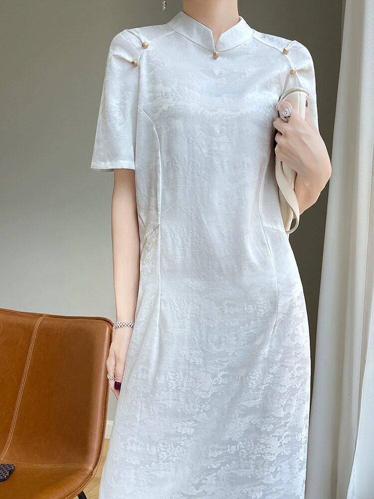 복고풍 신상 중국 스타일 반팔 치파오 스커트 2024 신풍 우아한 기질 다재다능한 슬리밍 트렌드 개선 롱 스커트