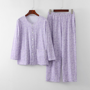 中老年人纯棉长袖开衫睡衣女宽松加大码对开襟上衣全棉家居服