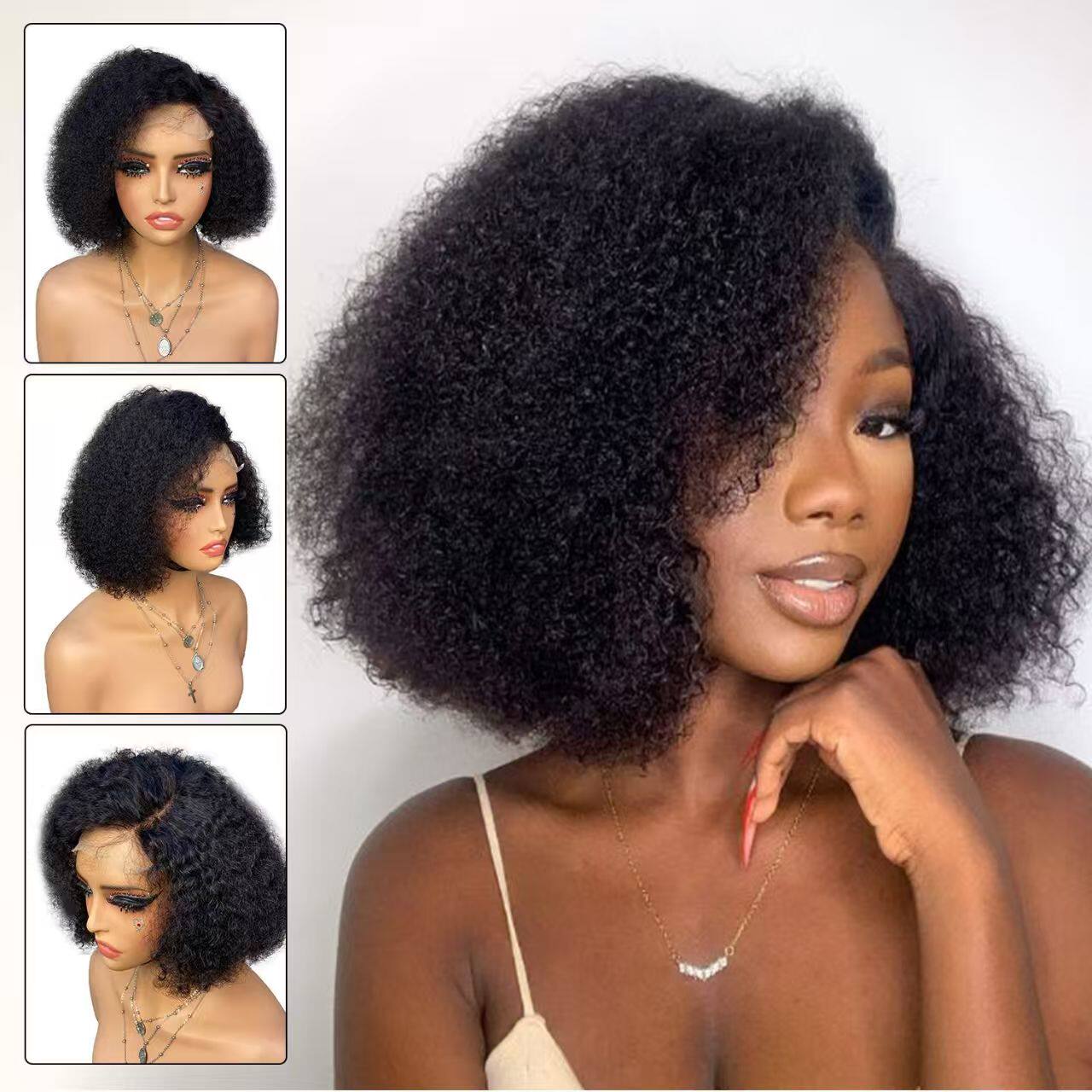 Black Girls' Afro Curly Human Hair Lace Closure Short Wig