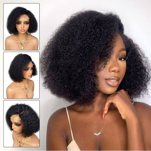 Black Girls' Afro Curly Human Hair Lace Closure Short Wig