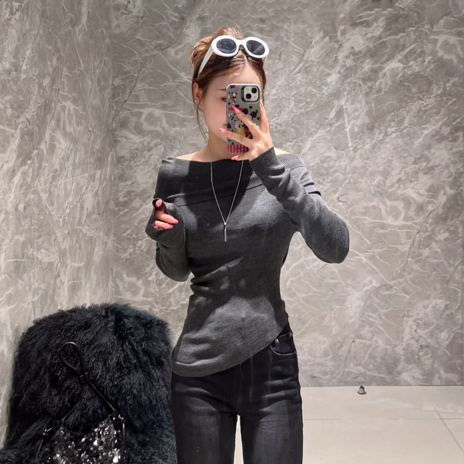 正品MO家2025秋新品绵羊毛倾斜简约露肩慵懒针织衫MBE3SWT047-YG