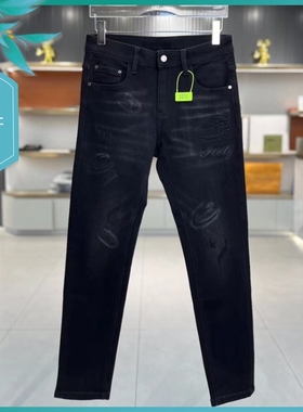 T24秋冬新款男士温州欧版修身小脚潮流刺绣印花弹力黑色长牛仔裤