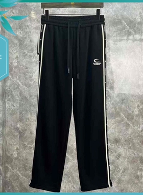 T24冬季新款男士温州欧版直筒保暖加绒刺绣条纹黑色长运动休闲裤