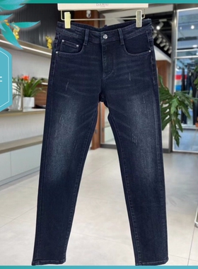 T23秋冬新款男士温州欧版修身小脚潮刺绣简约弹力深蓝色长牛仔裤