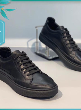 TT22秋冬新款男士广州韩版潮流超轻柔软真牛皮纯黑色百搭休闲板鞋