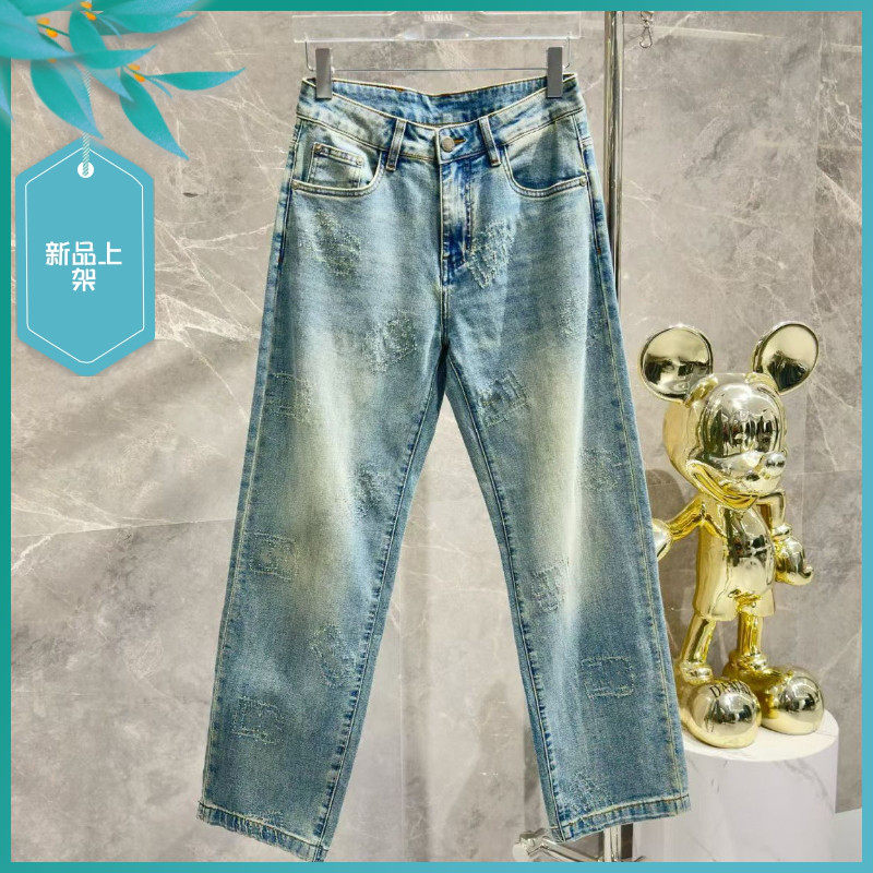T26春夏新款男士温州欧版宽松直筒潮刺绣提花弹力浅蓝色长牛仔裤